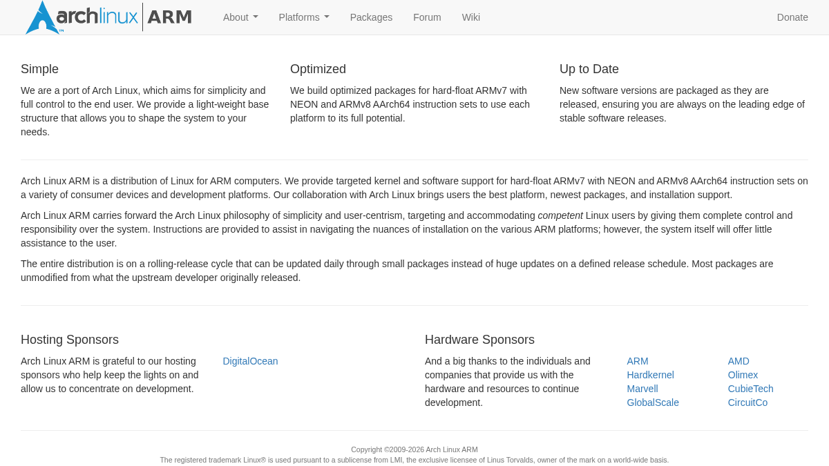 archlinuxarm.org 官网首页截图
