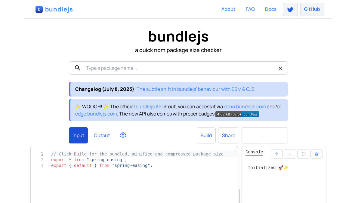 bundlejs.com 官网首页截图
