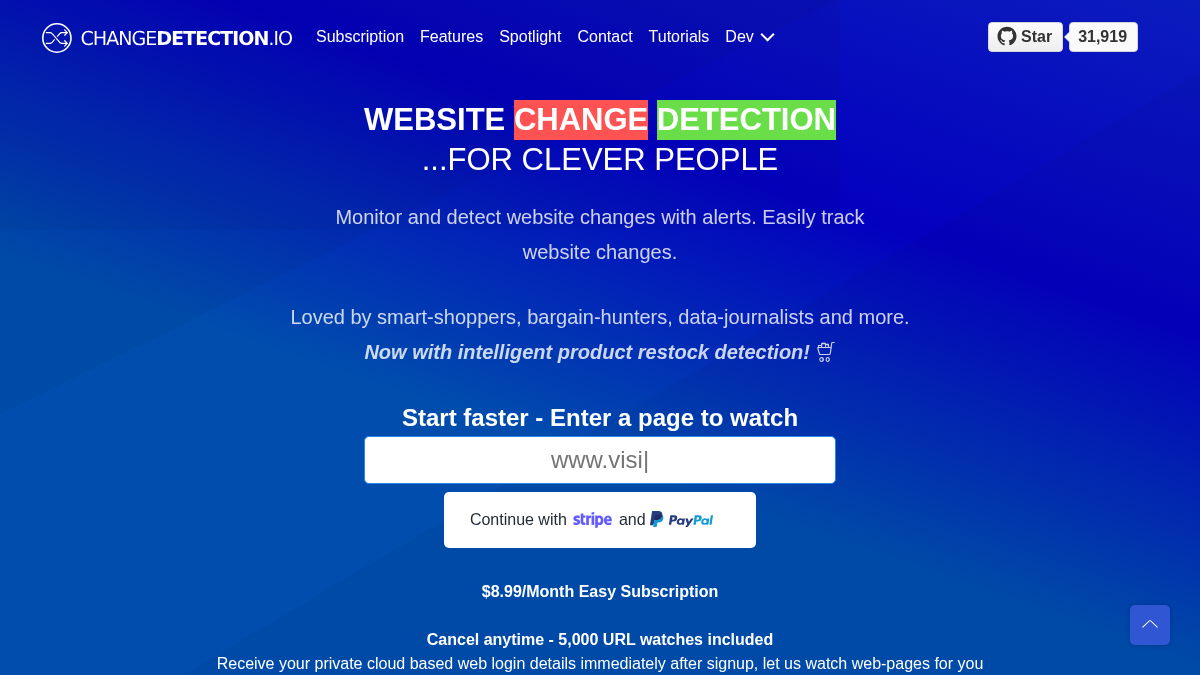 changedetection.io 官网首页截图