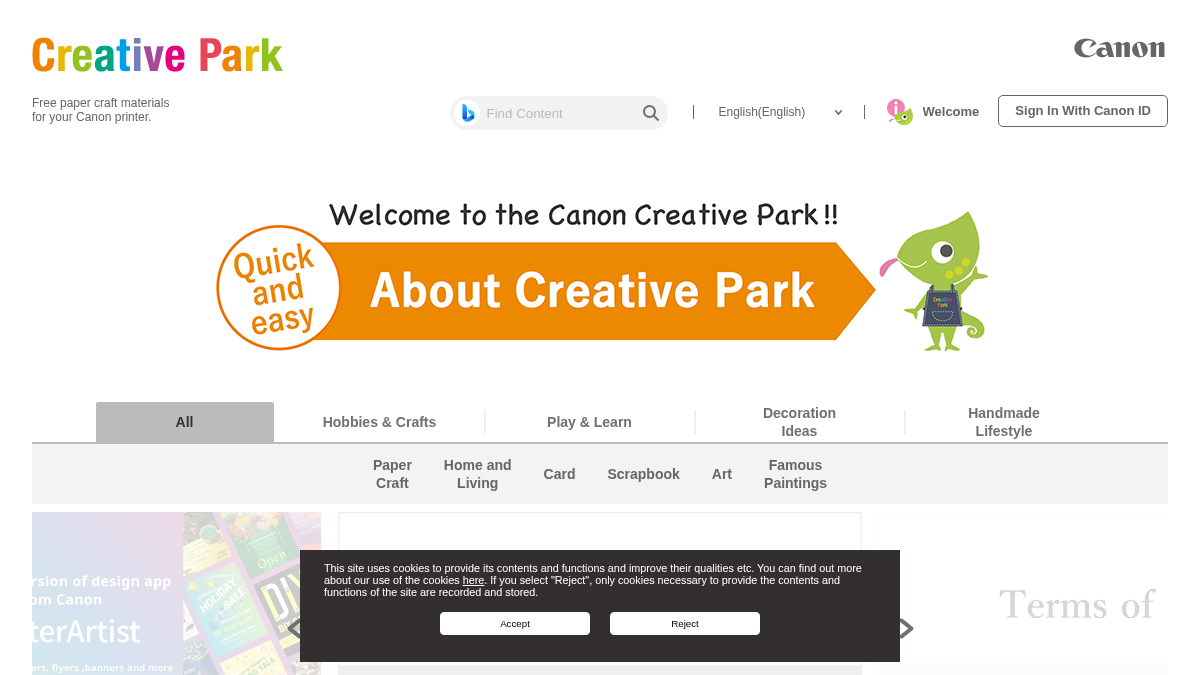 creativepark.canon 官网首页截图