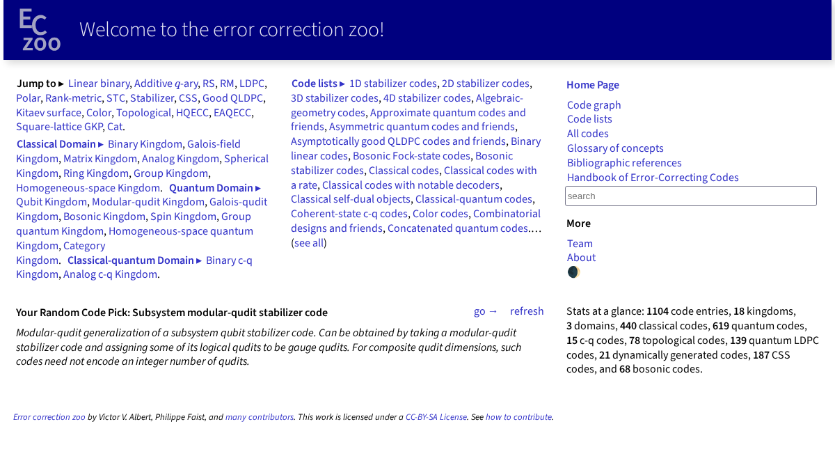 errorcorrectionzoo.org 官网首页截图