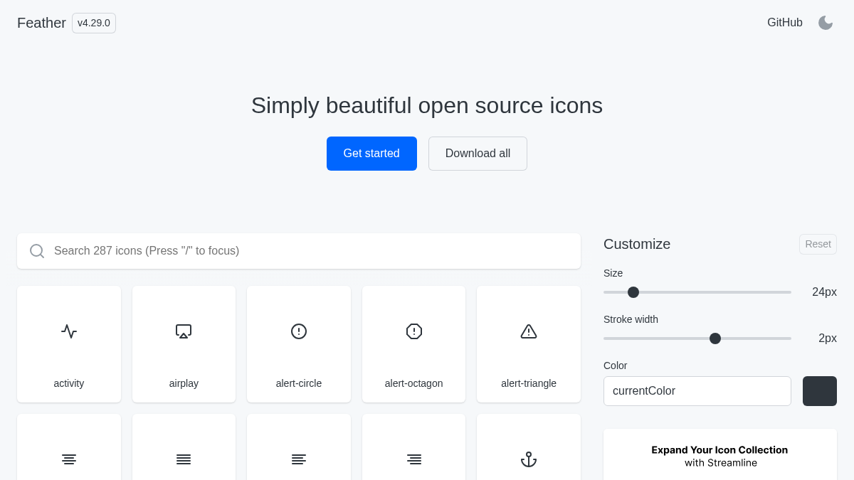 feathericons.com 官网首页截图