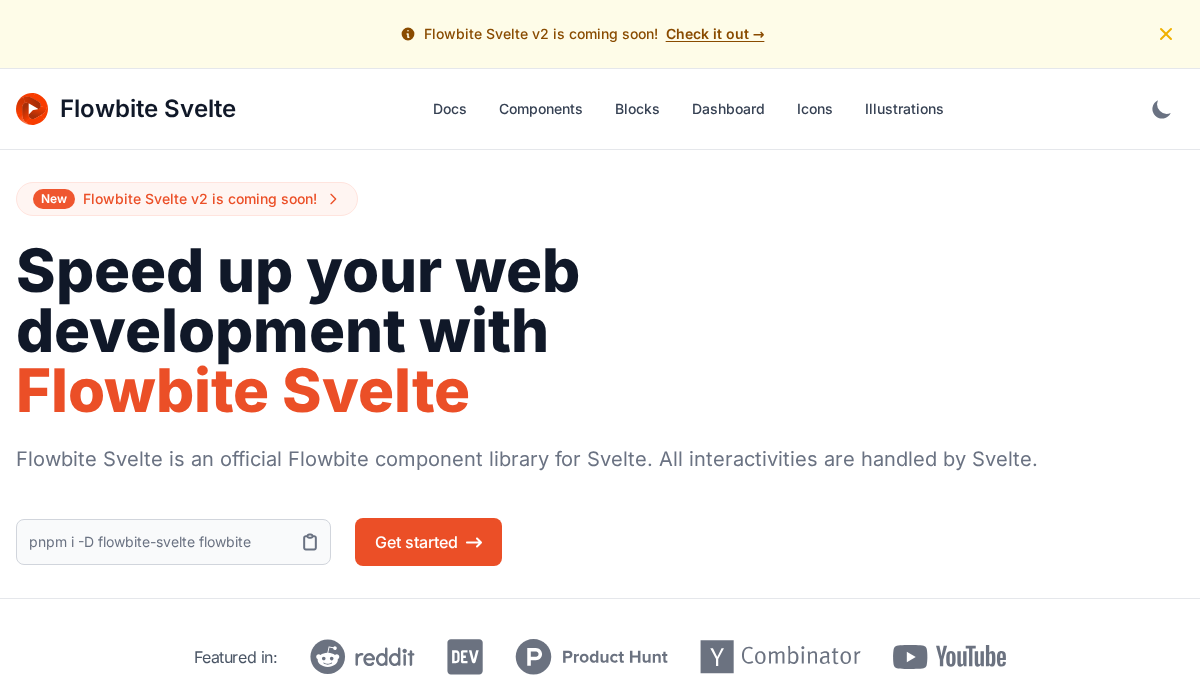 flowbite-svelte.com 官网首页截图
