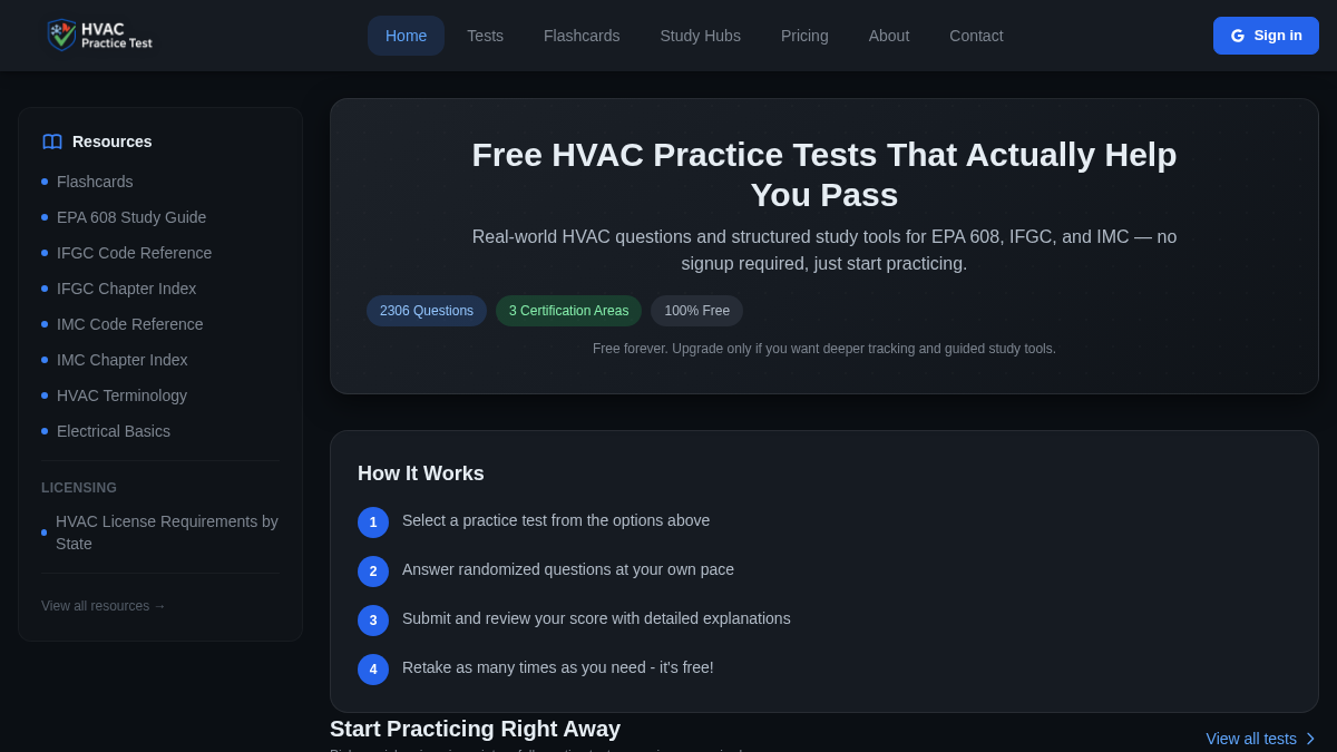 hvacpracticetest.com 官网首页截图