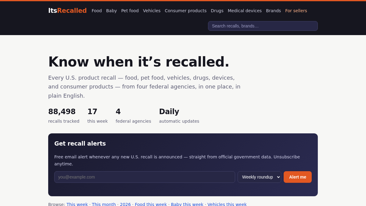 itsrecalled.com 官网首页截图