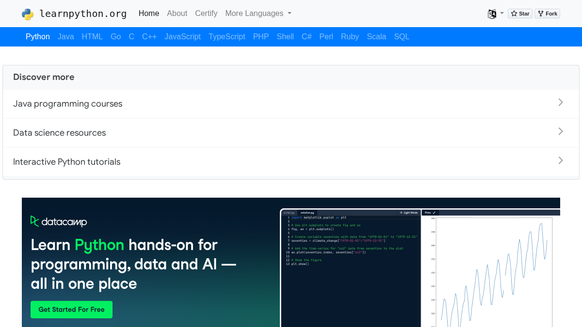 learnpython.org 官网首页截图