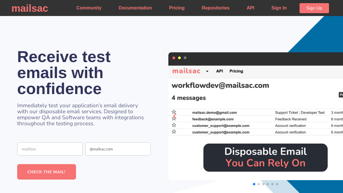 mailsac.com 官网首页截图