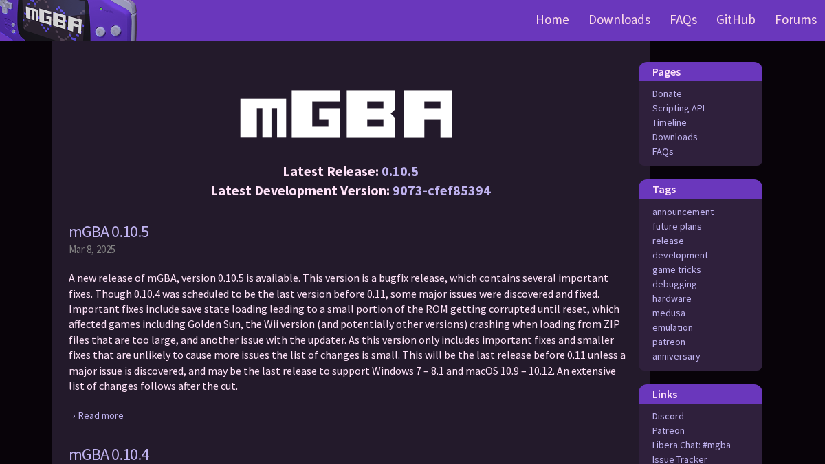 mgba.io 官网首页截图
