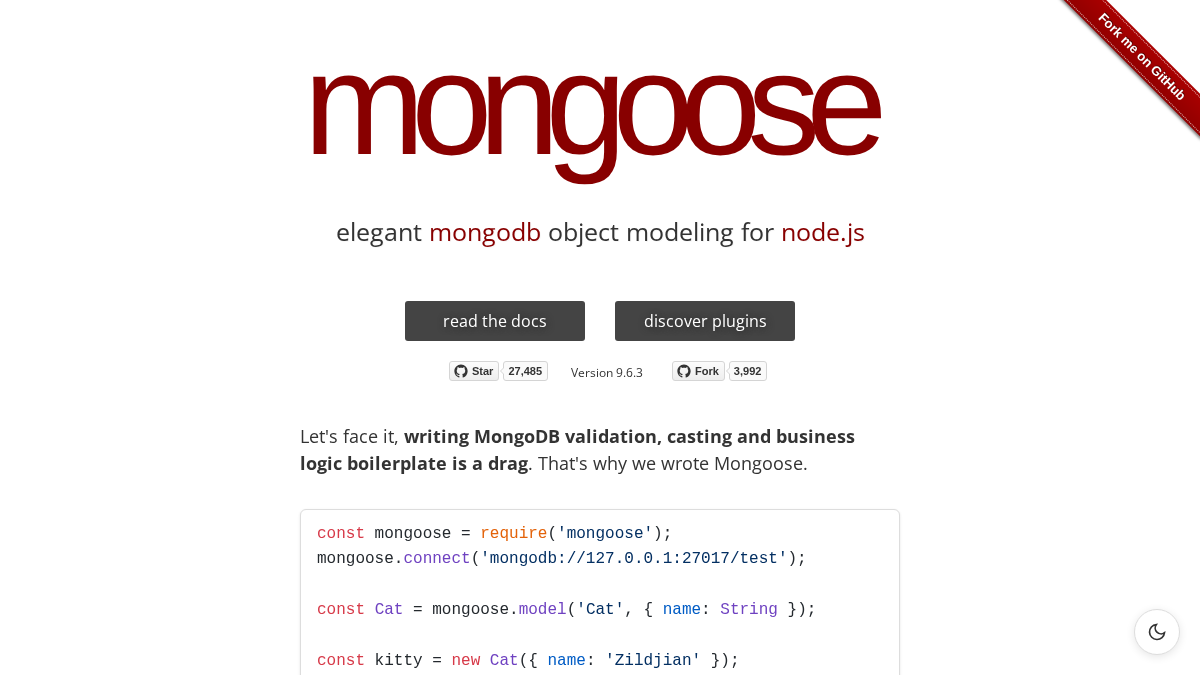 mongoosejs.com 官网首页截图