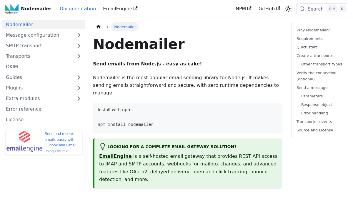nodemailer.com 官网首页截图