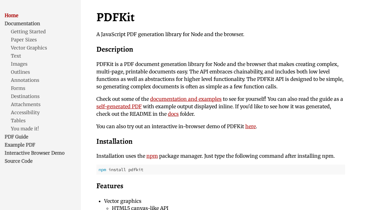 pdfkit.org 官网首页截图