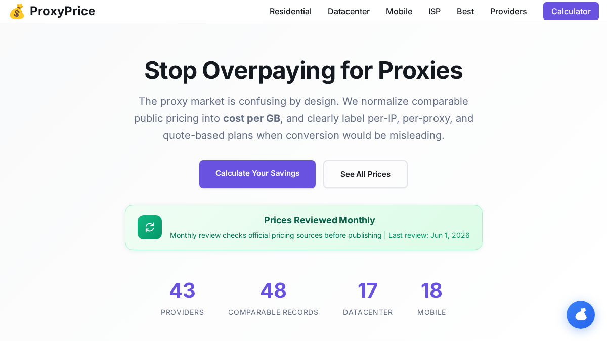 proxyprice.com 官网首页截图