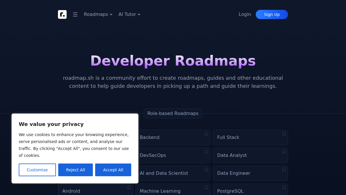 roadmap.sh 官网首页截图