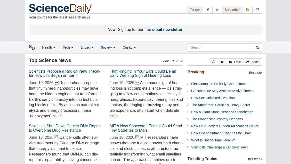 sciencedaily.com 官网首页截图