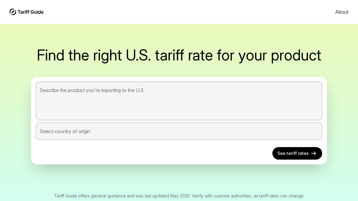 tariffguide.ai 官网首页截图