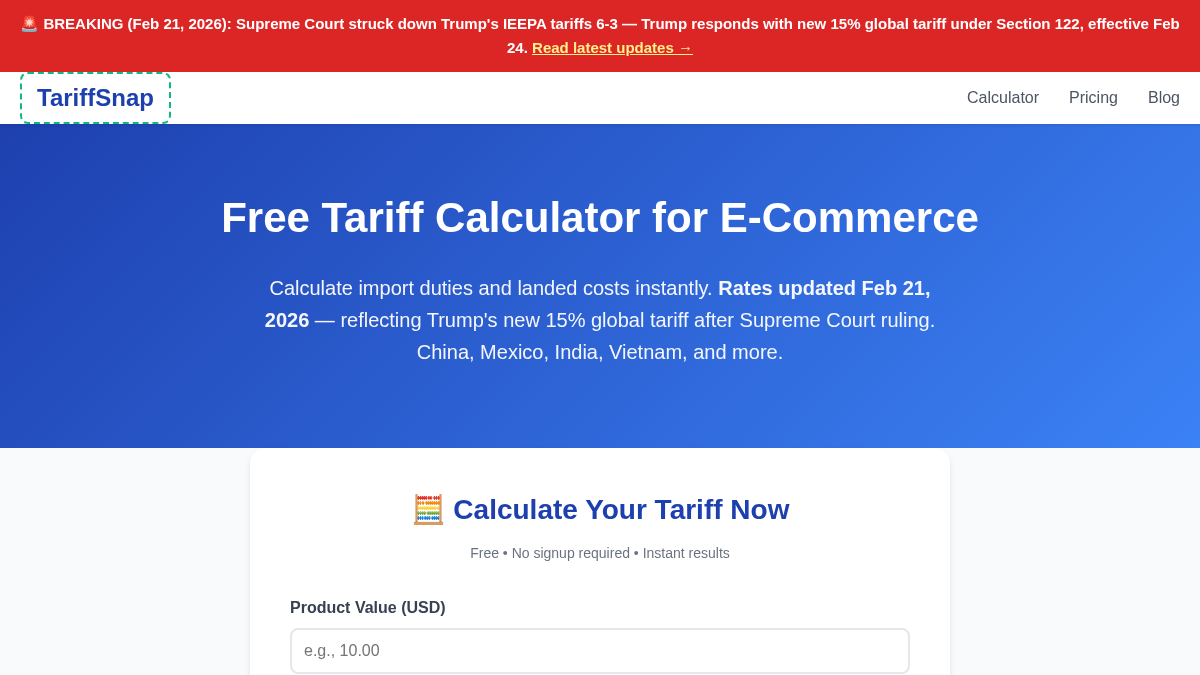 tariffsnap.com 官网首页截图
