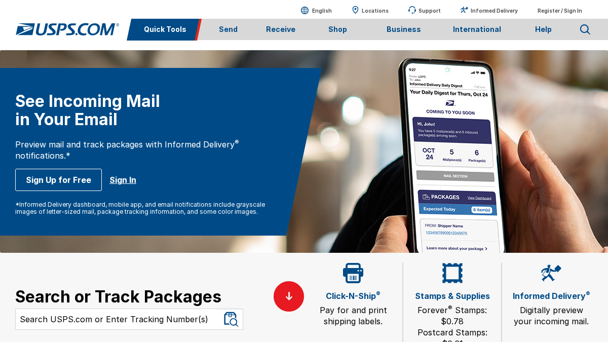 usps.com 官网首页截图